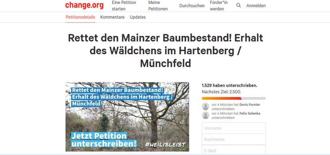 Screenshot Petition Rettet den Mainzer Baumbestand! Erhalt des Wäldchens im Hartenberg/Münchfeld